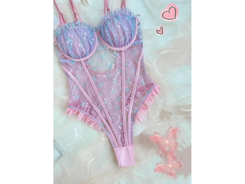Front view of a pink floral lace bodysuit with underwire cups.