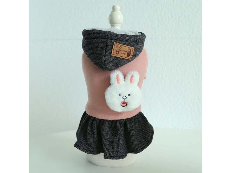 Pink and grey pet hoodie dress with a plush rabbit detail on the back.