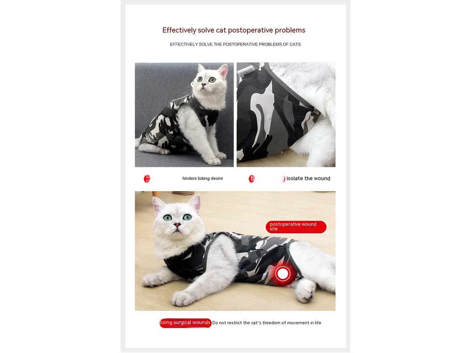 A cat wearing the camouflage recovery suit, showing how it covers the body while allowing movement.