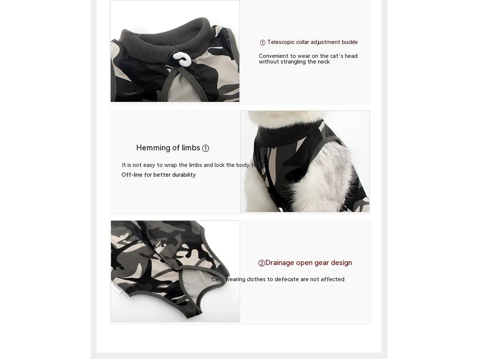 Close-up views of the collar adjustment buckle, limb hemming, and the open rear design for bathroom use.