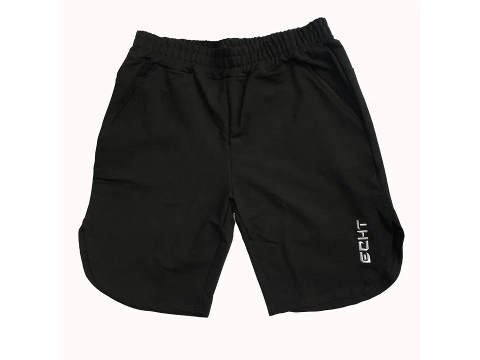 Black athletic gym shorts on a white background.
