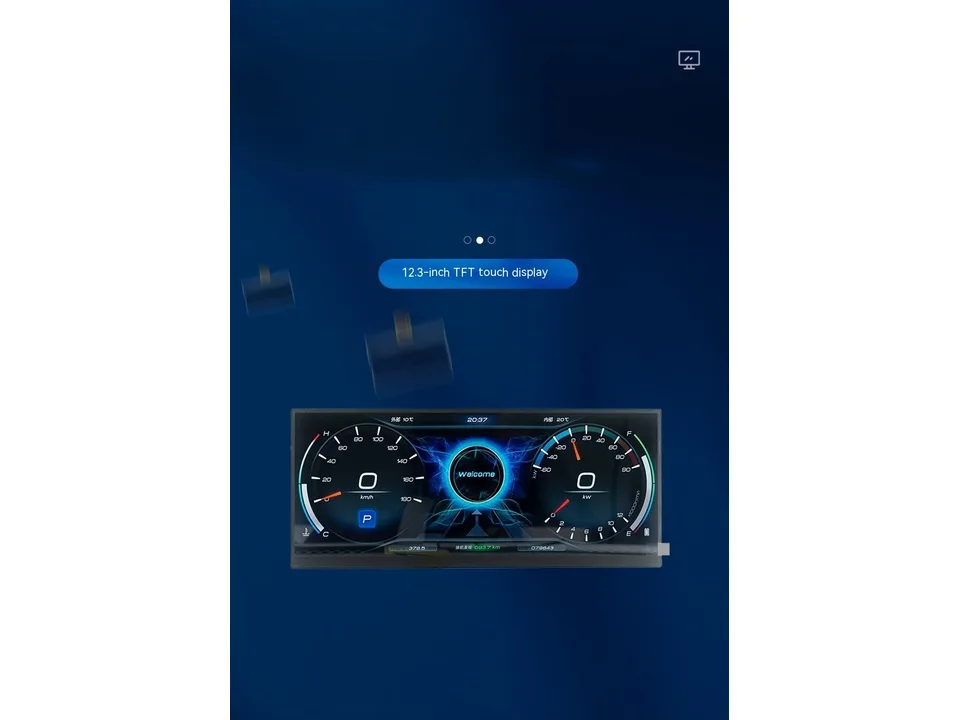 A 12.3-inch TFT touch display screen showing a digital dashboard interface with speed and power gauges.