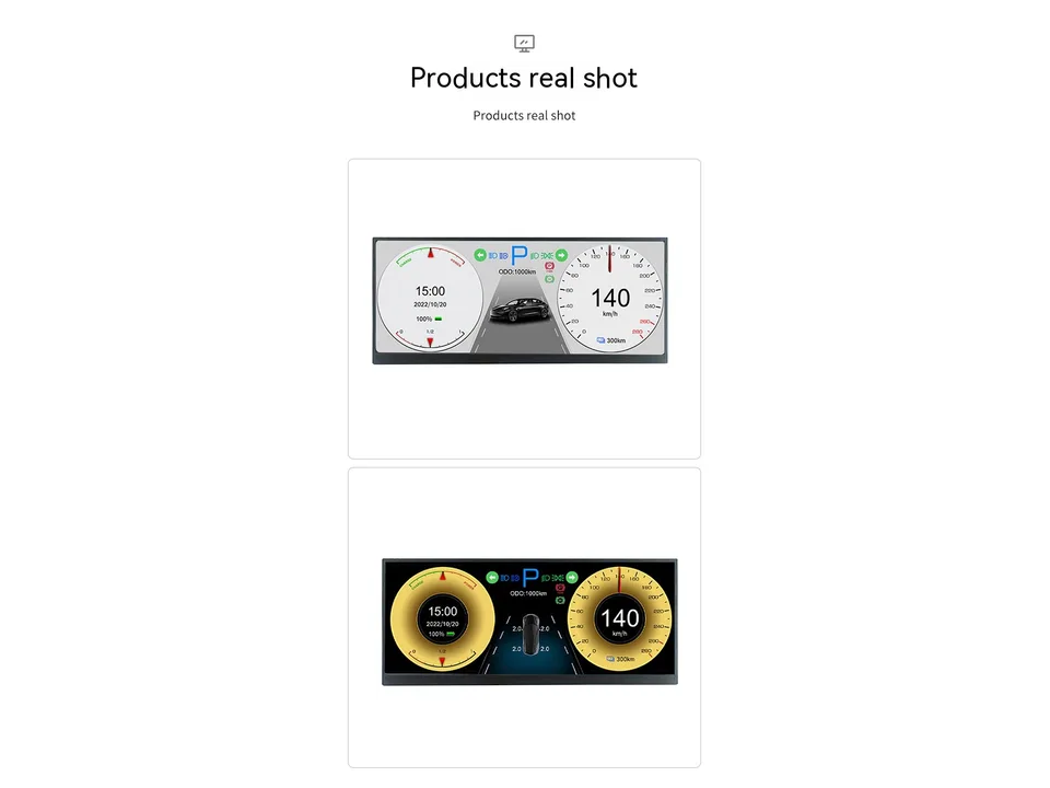 Two variations of the digital dashboard display, one with a white background and one with a yellow background.