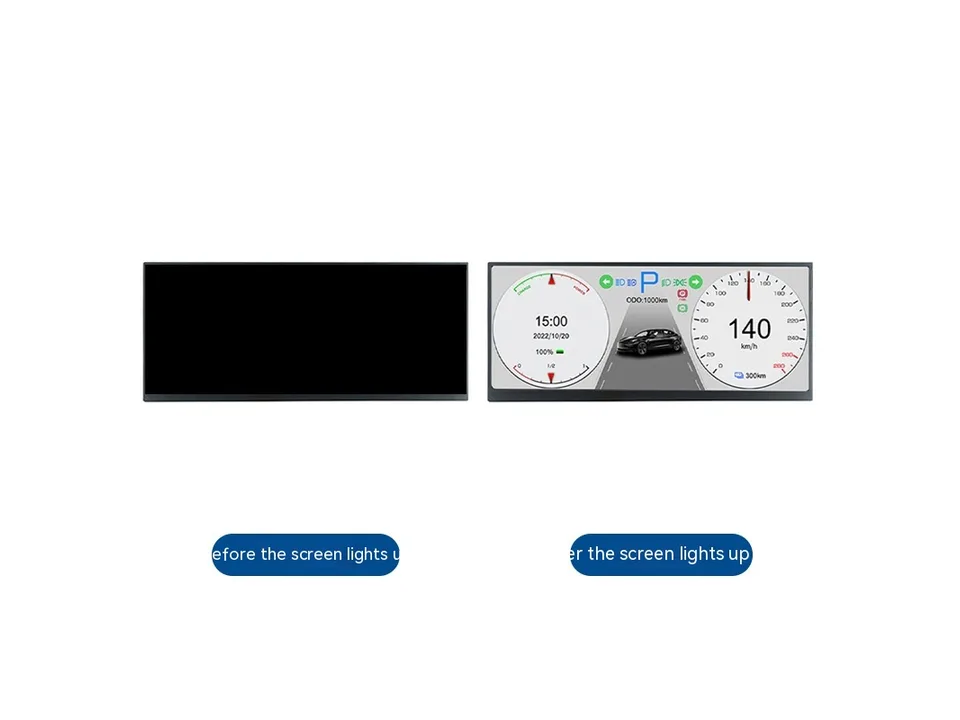 Comparison of the display screen showing it powered off and powered on with the dashboard interface.