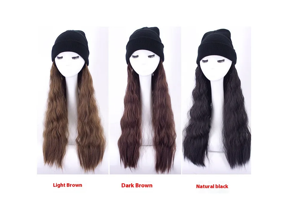 Three mannequin heads wearing the beanie wig in light brown, dark brown, and natural black.