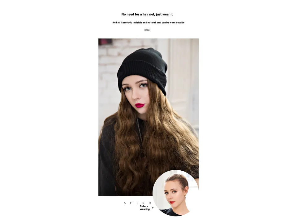 A woman wearing the beanie wig, with an inset showing her hair before wearing it.