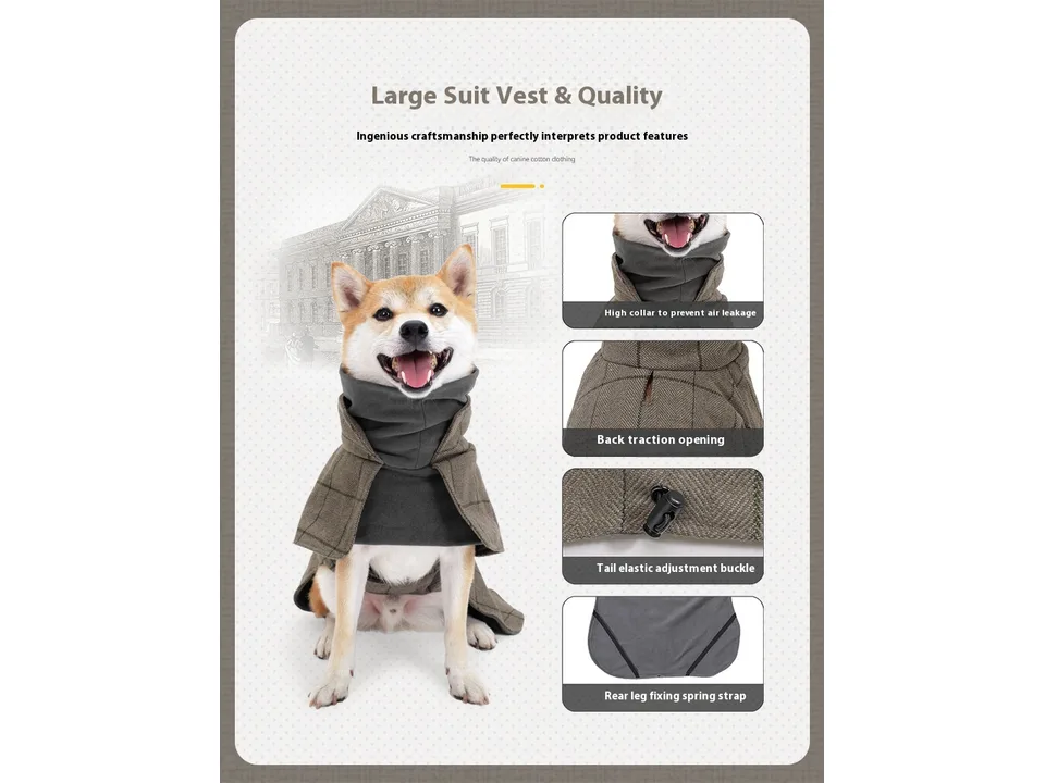 A dog wearing a plaid vest with close-up callouts showing the collar, leash opening, buckle, and leg straps.