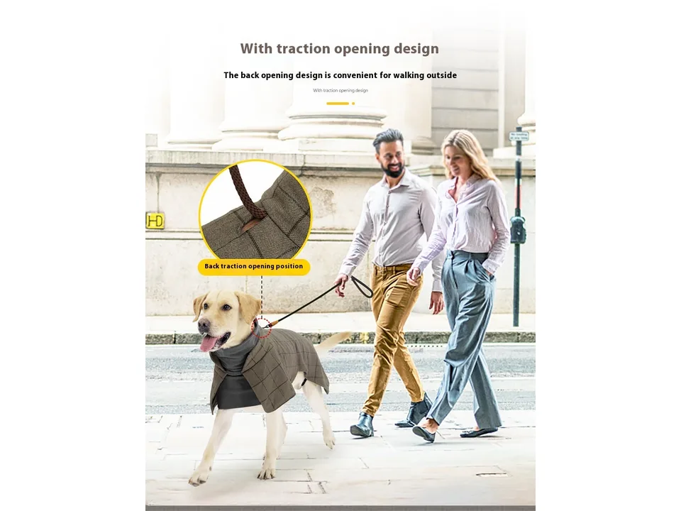 A dog wearing the plaid vest while being walked on a leash, highlighting the leash opening.