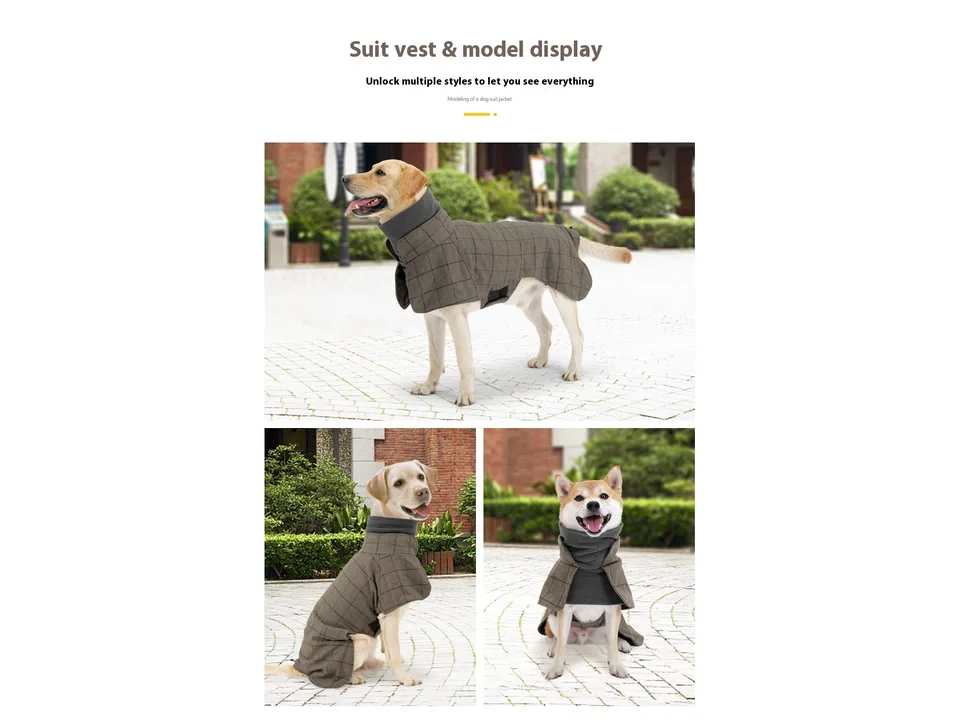 Three views of dogs wearing the plaid vest, showing the fit from the side and front.