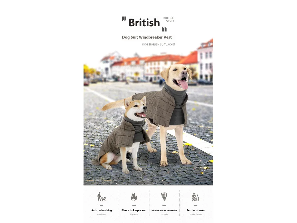 Two dogs wearing the plaid vest outdoors, with icons below highlighting features like warmth and wind protection.