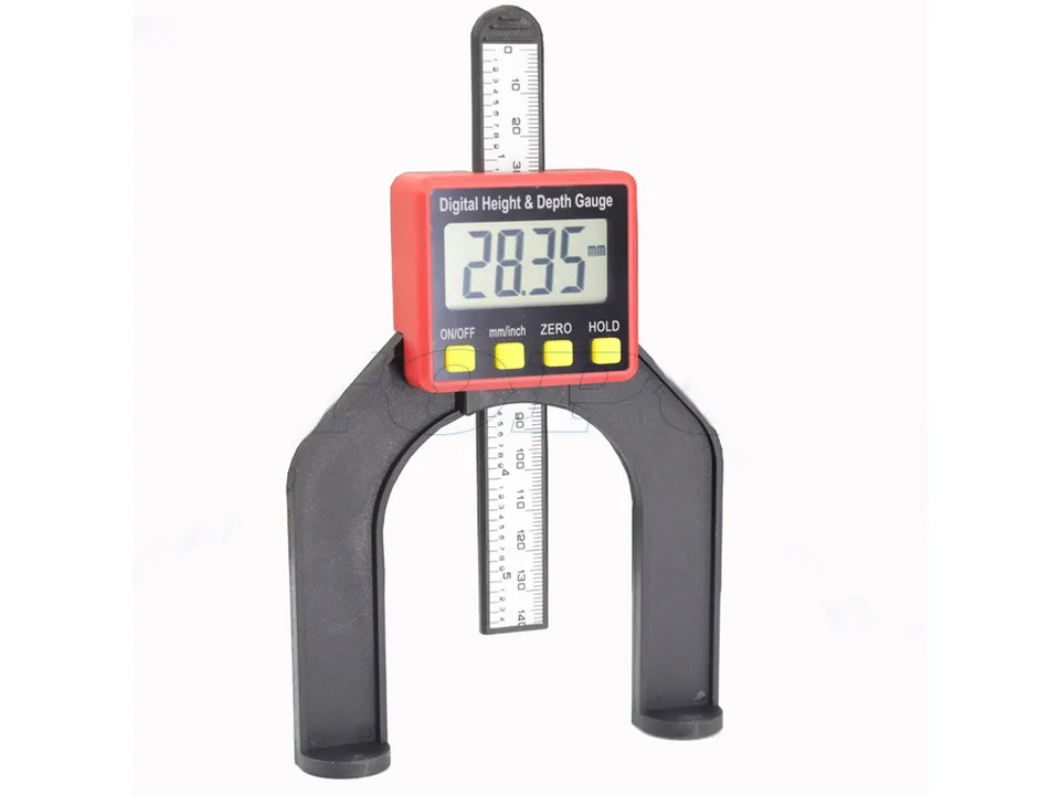 Digital height and depth gauge with a red display casing.