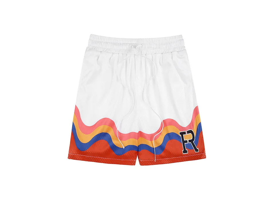 White athletic shorts with a wavy multi-colored pattern and 'FR' logo.