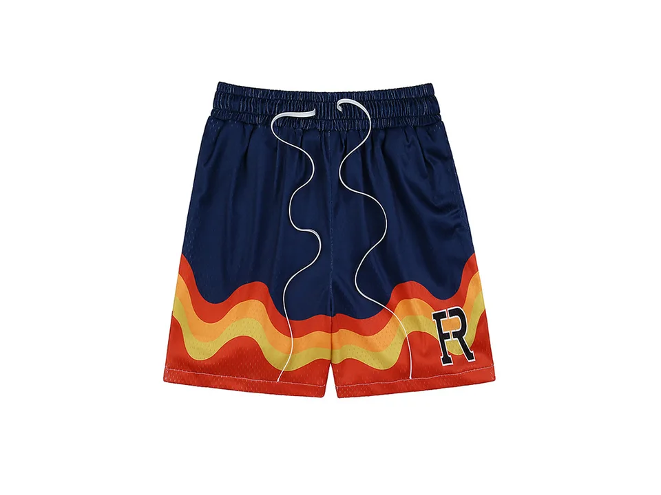 Blue athletic shorts with a wavy multi-colored pattern and 'FR' logo.