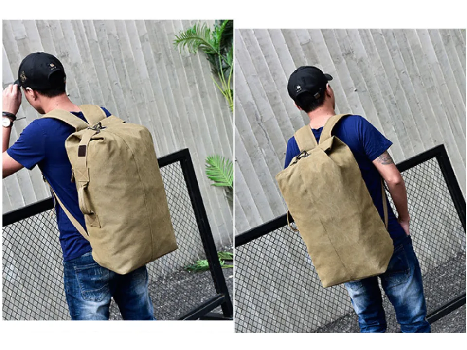 A man wearing a khaki canvas backpack, showing the back view and fit.