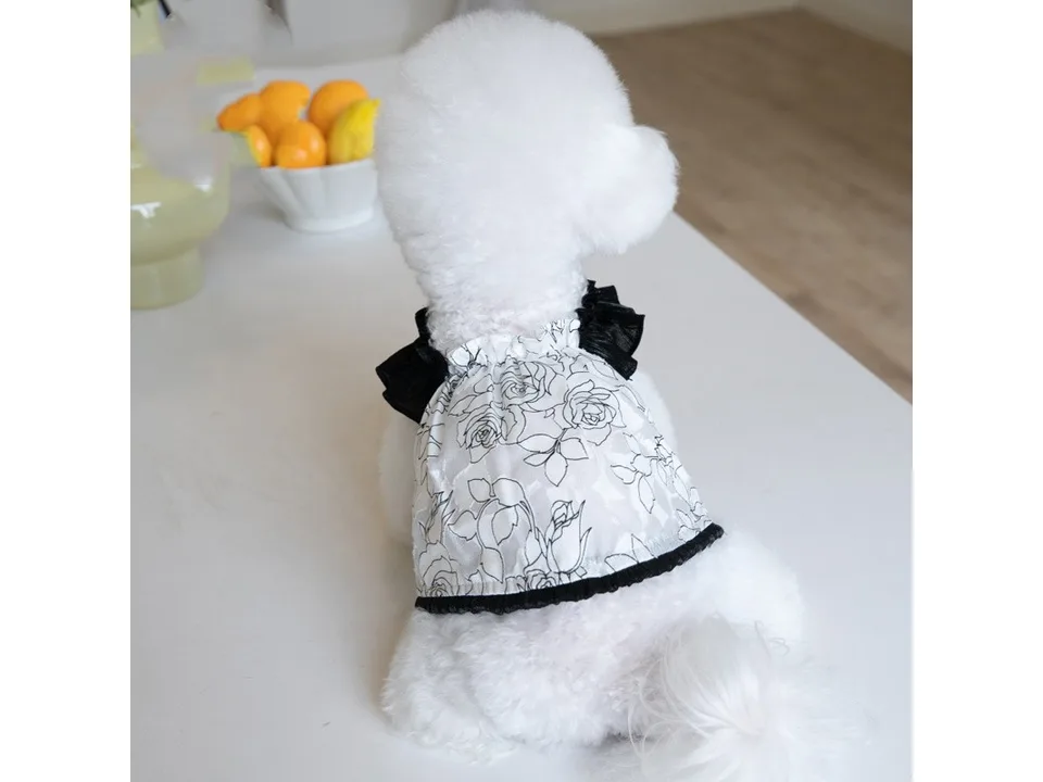 A white dog wearing a floral chiffon dress with black ruffles, viewed from behind.