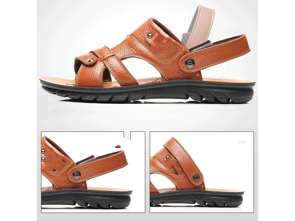 Side view and close-up details of the brown leather sandal straps