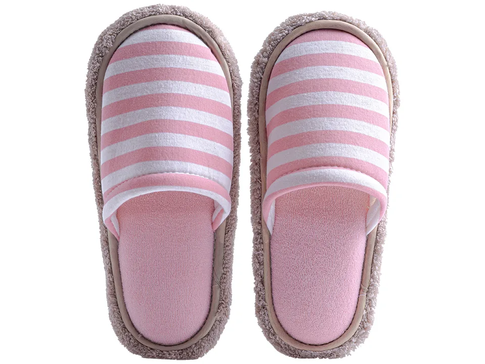 A pair of pink and white striped microfiber cleaning slippers.