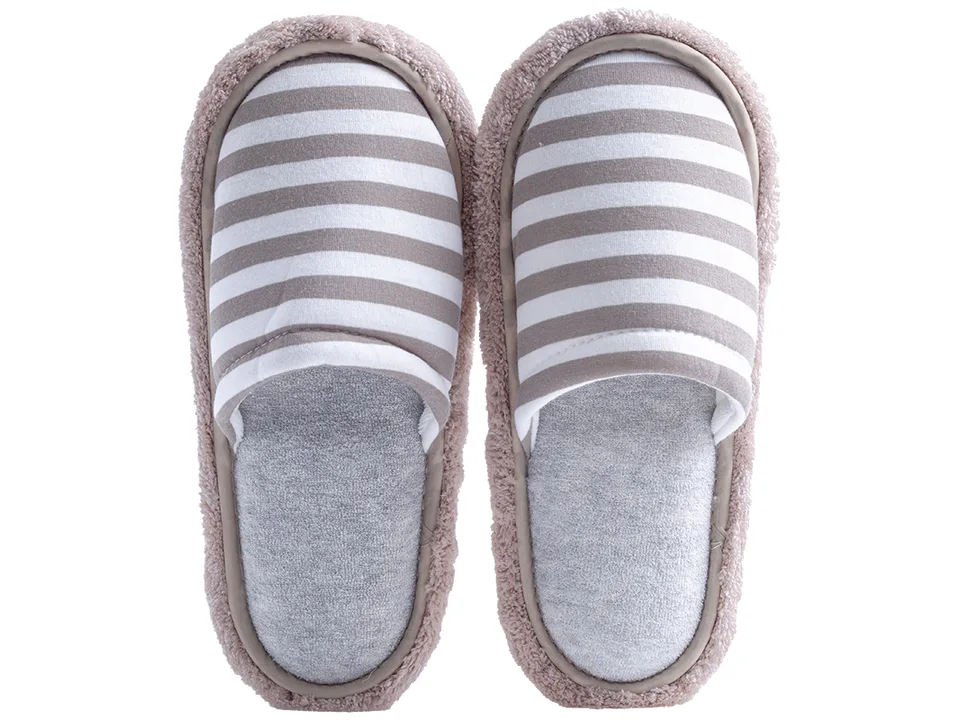 A pair of grey and white striped microfiber cleaning slippers.