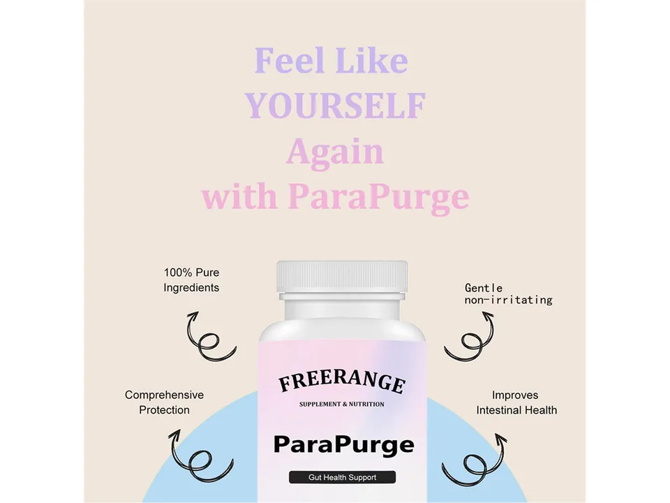 Freerange ParaPurge supplement bottle with text highlighting product benefits.
