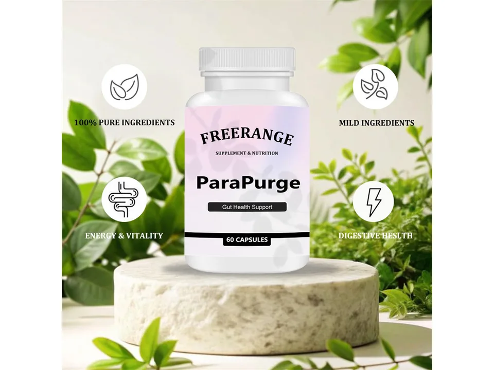 Freerange ParaPurge supplement bottle on a stone pedestal with nature background and benefit icons.