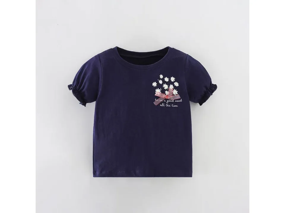 Dark blue girls' t-shirt with a floral graphic and bow detail.