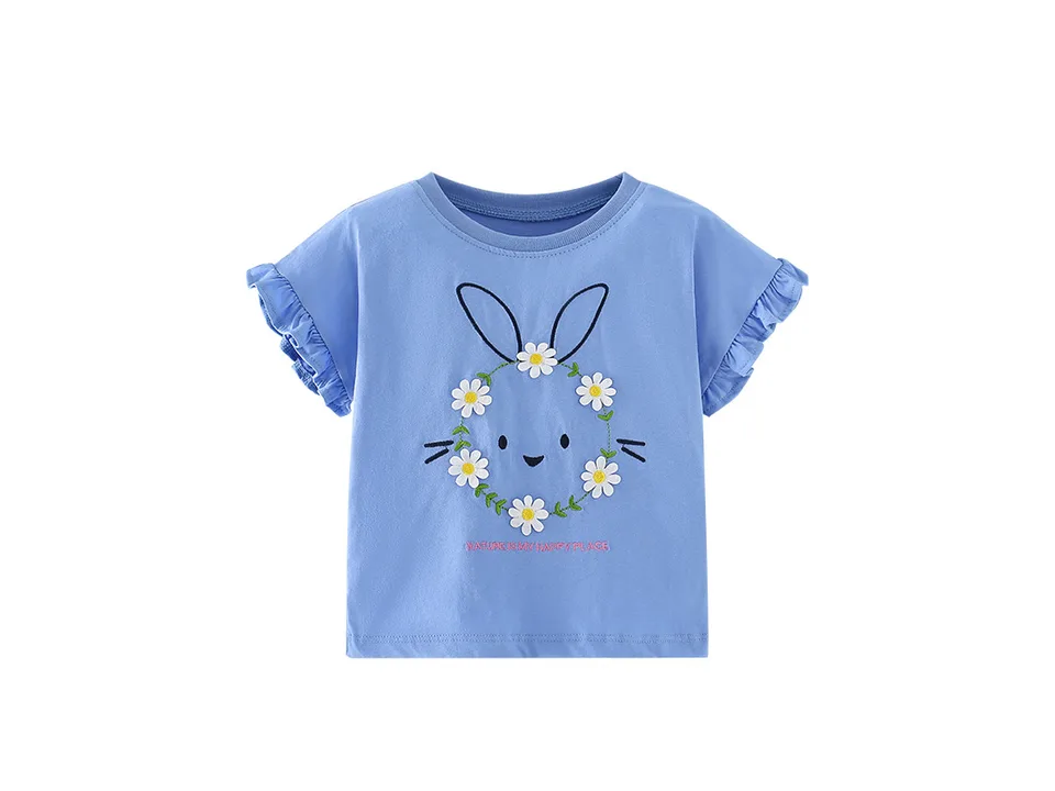 Blue girls' t-shirt with a bunny and daisy flower graphic.