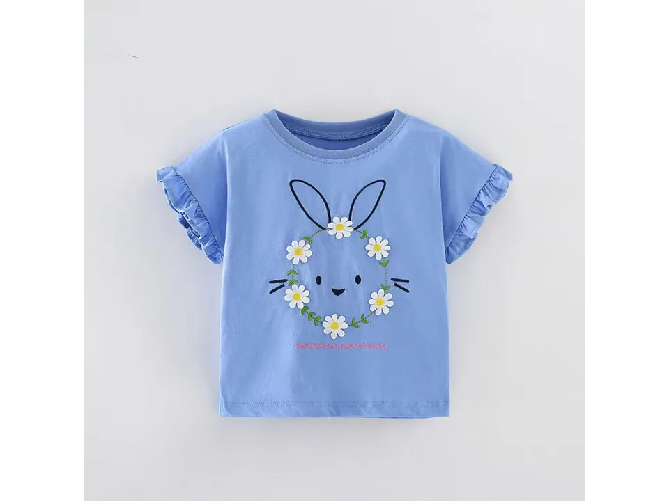 Blue girls' t-shirt with a bunny and daisy flower graphic.