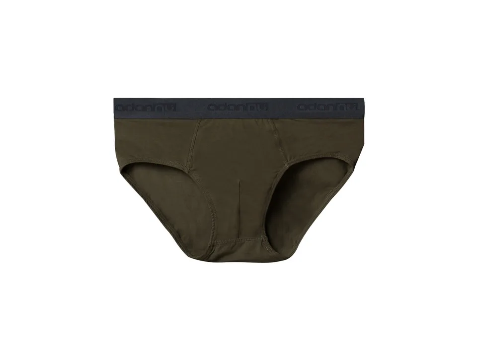 Olive green men's low-rise cotton briefs with a dark grey elastic waistband.