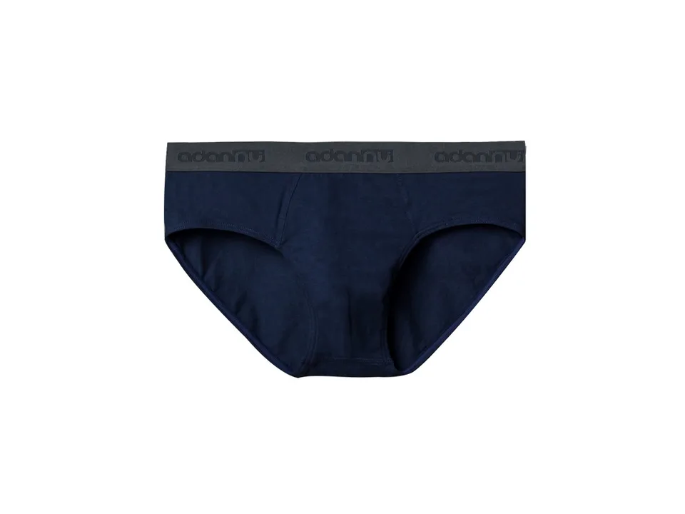 Navy blue men's low-rise cotton briefs with a dark grey elastic waistband.