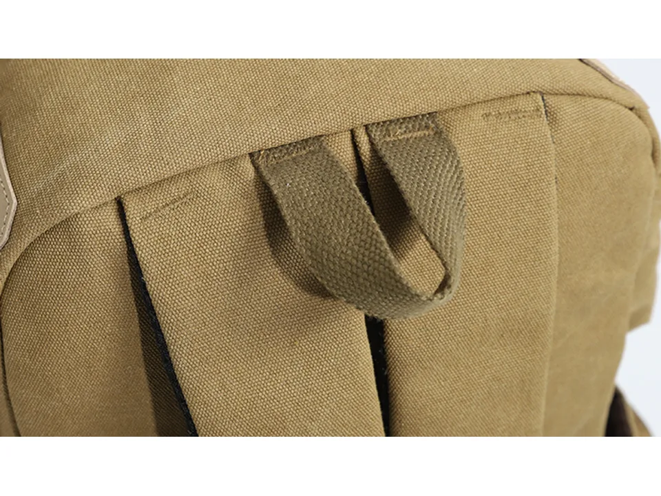 Close-up of the top handle and strap attachment points on the backpack.