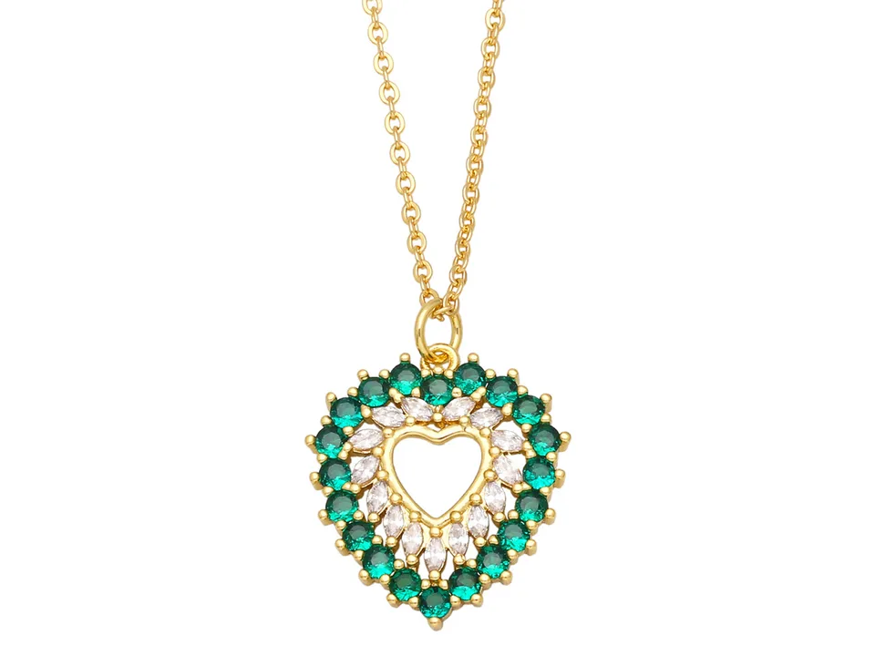 Gold necklace with a heart-shaped pendant featuring green and white stones.
