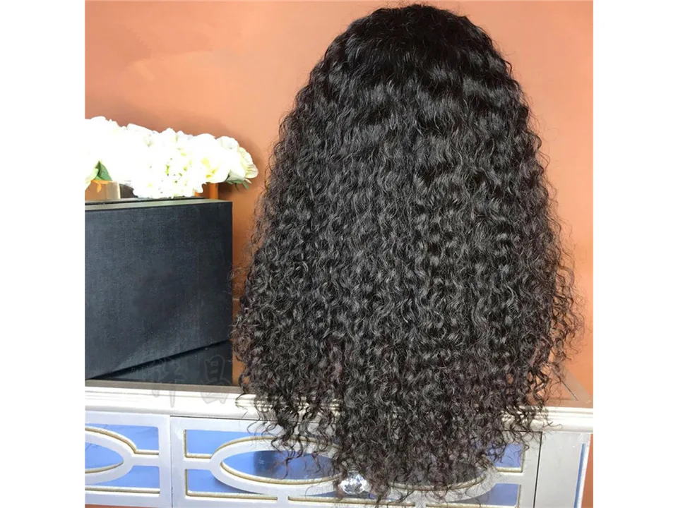 A mannequin head wearing a long, curly black wig, back view.