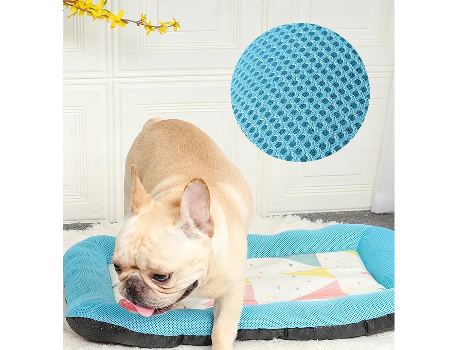 A French bulldog on a blue cooling mat with a close-up inset of the mesh fabric texture.