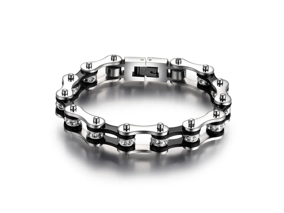 Black and silver bicycle chain link bracelet with cubic zirconia stones.