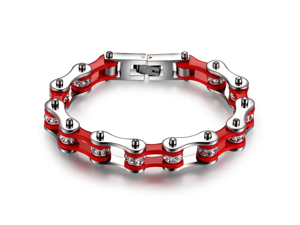 Red and silver bicycle chain link bracelet with cubic zirconia stones.