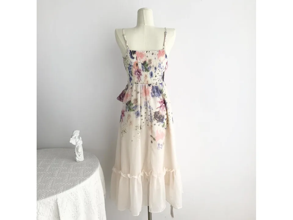 Back view of the floral midi slip dress on a mannequin