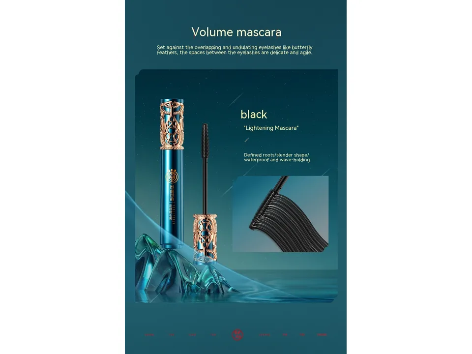 A decorative mascara tube with a detailed cap and a close-up view of the brush applicator.