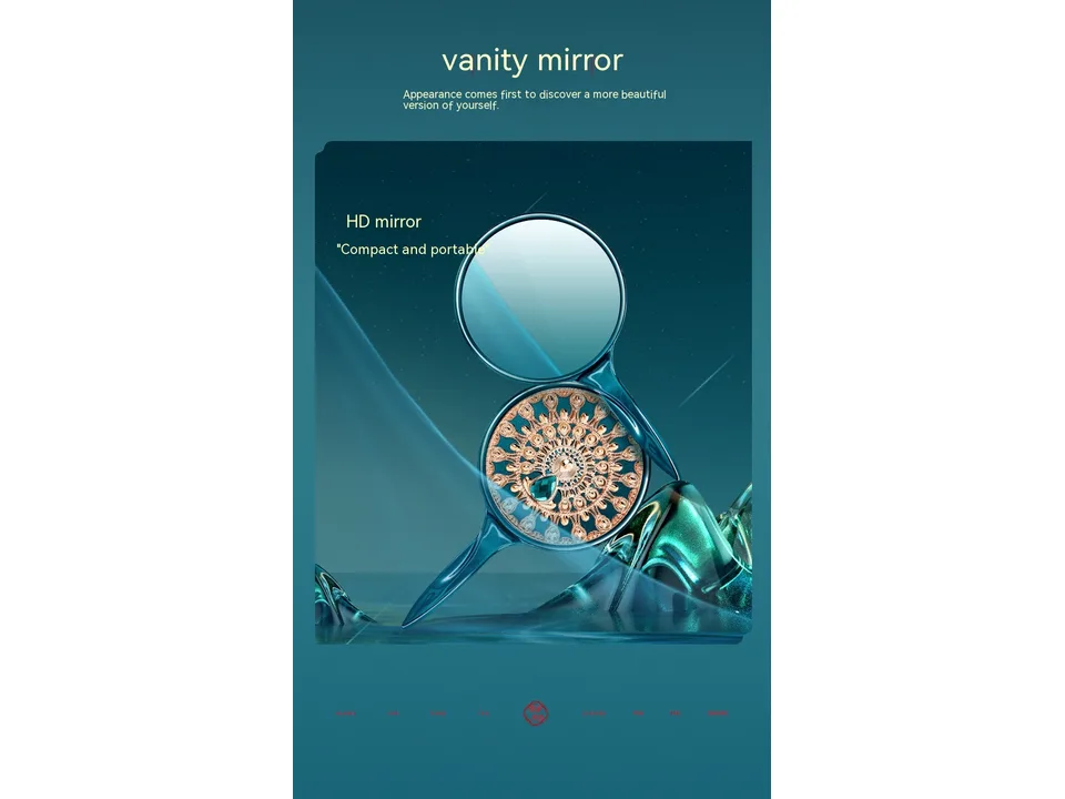A portable, ornate vanity mirror with a decorative handle and back design.