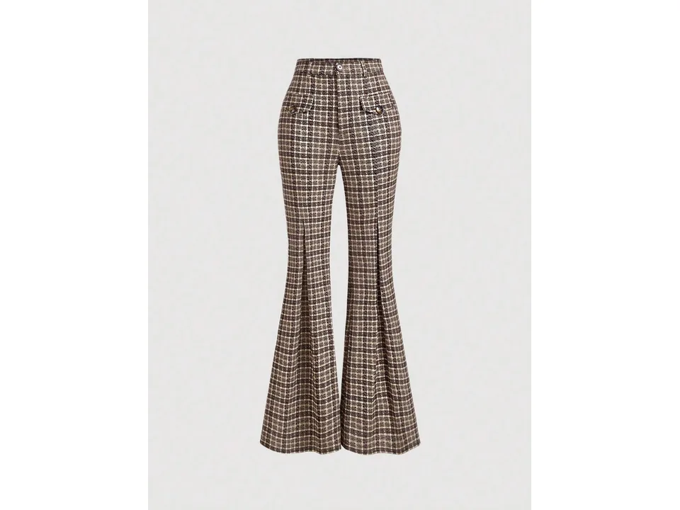 Front view of the plaid bootcut trousers.