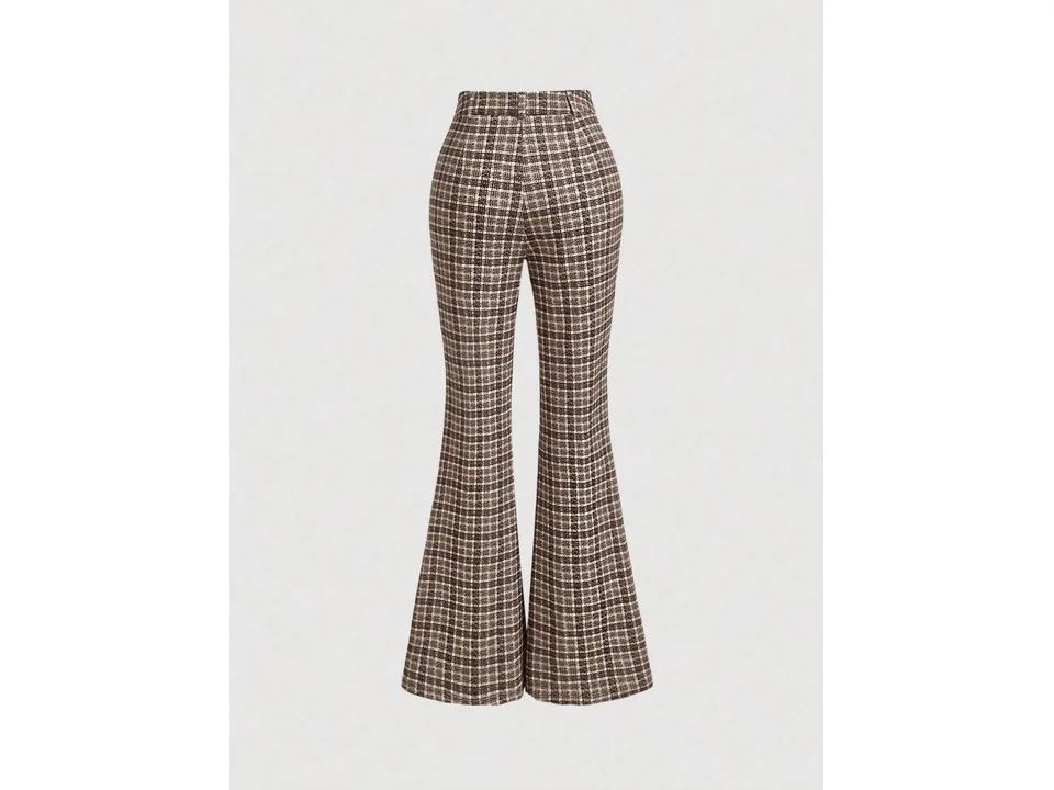 Back view of the plaid bootcut trousers.