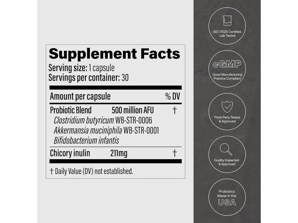 Supplement facts label and quality certification icons for the probiotic supplement.