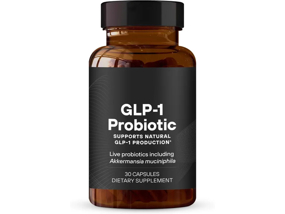 A bottle of GLP-1 Probiotic dietary supplement capsules.