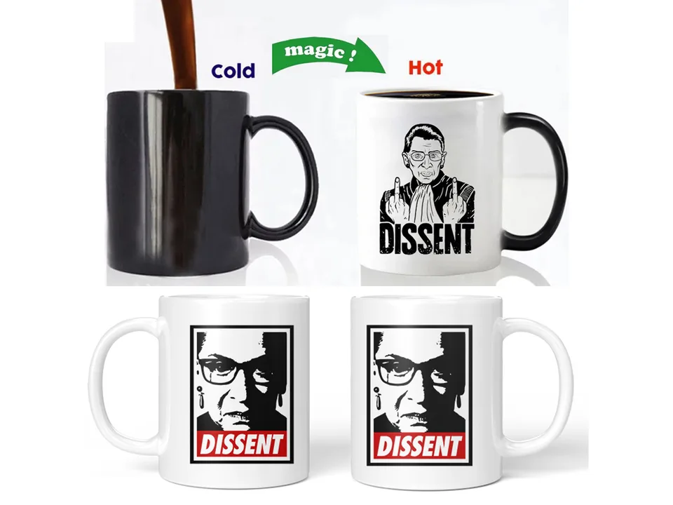 A black mug turning white with a Dissent design when hot liquid is poured in.