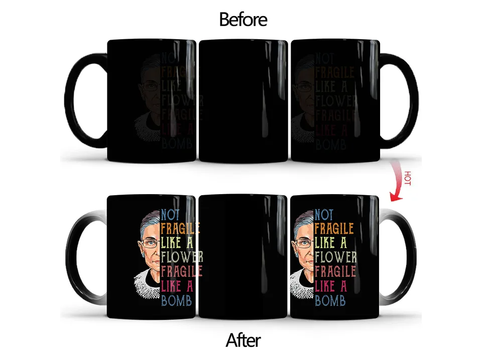 A mug showing the 'Not Fragile Like A Flower' design before and after heat activation.