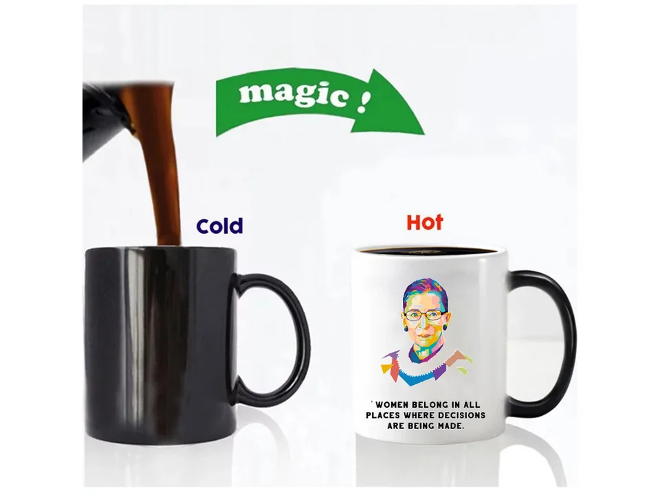 A black mug turning white with a colorful RBG portrait and quote when hot liquid is poured in.
