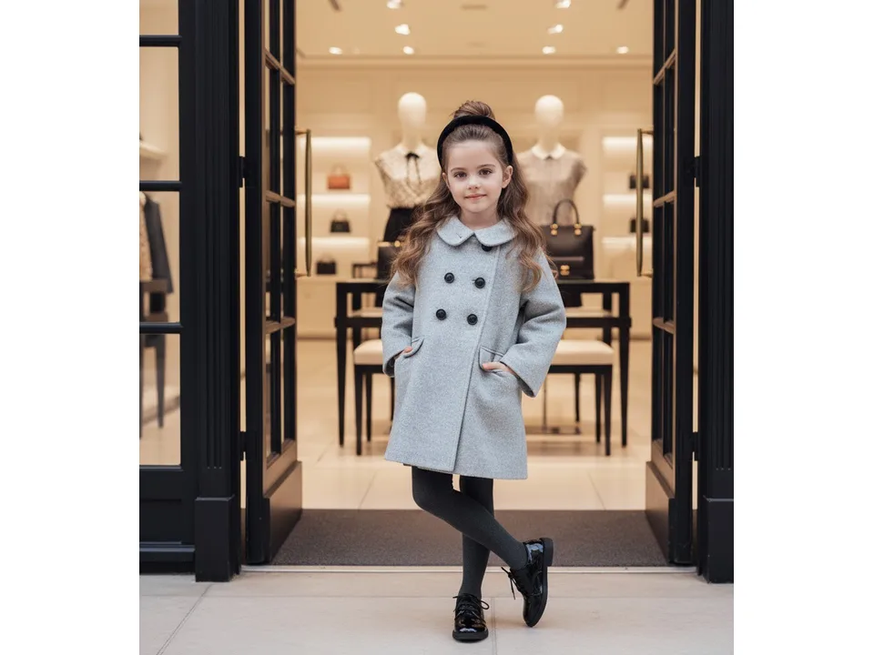 A young girl wearing a grey wool coat standing in the doorway of a clothing store.