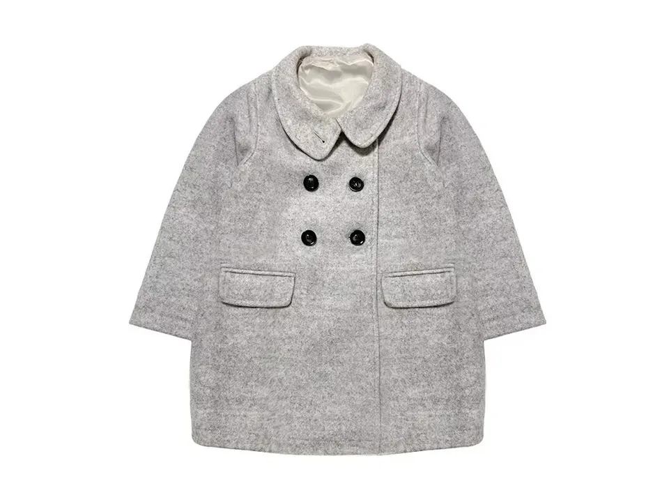 A grey double-breasted wool coat for girls with a rounded collar.