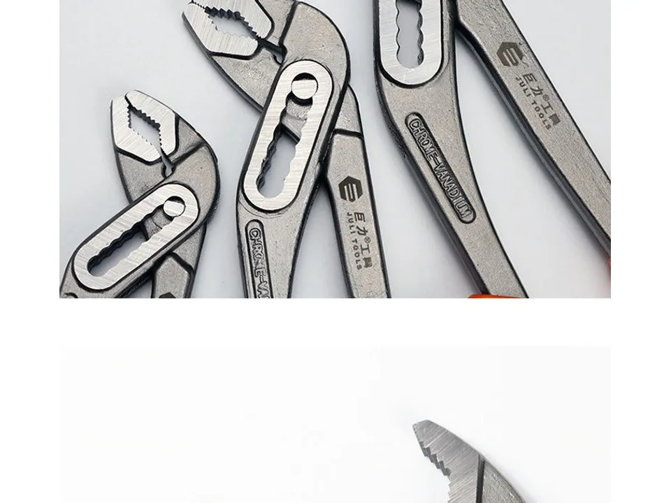 Three different sizes of water pump pliers laid out.