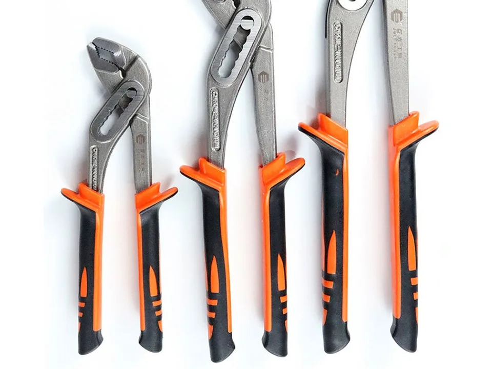 Three water pump pliers of varying sizes arranged side by side.