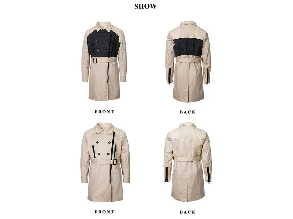 Front and back views of the beige trench coat showing the belt and quilted details.